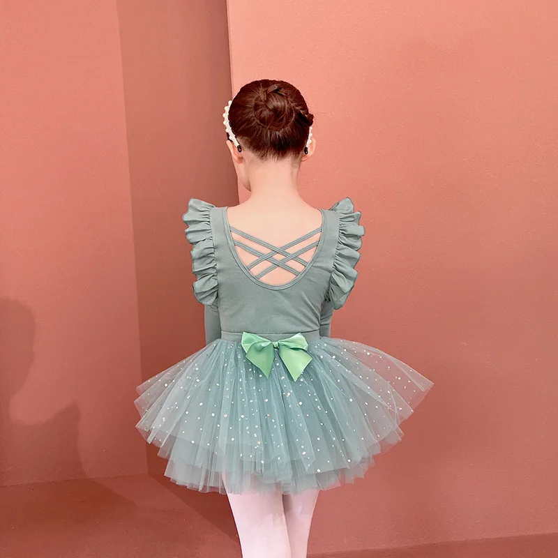 Artistic Skating Child Dresses Flutter Short Sleeve Girl Ballet Leotard Korea Princess Tutu Skirt Bow Knot Jersey Ballerina New