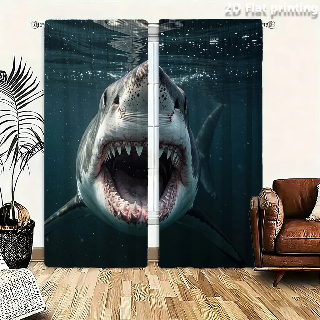 Realistic Shark Curtain 3D Ocean Animal Print Drape Underwater Sea Life Window Treatment for Living Room Bedroom Kids Room Decor