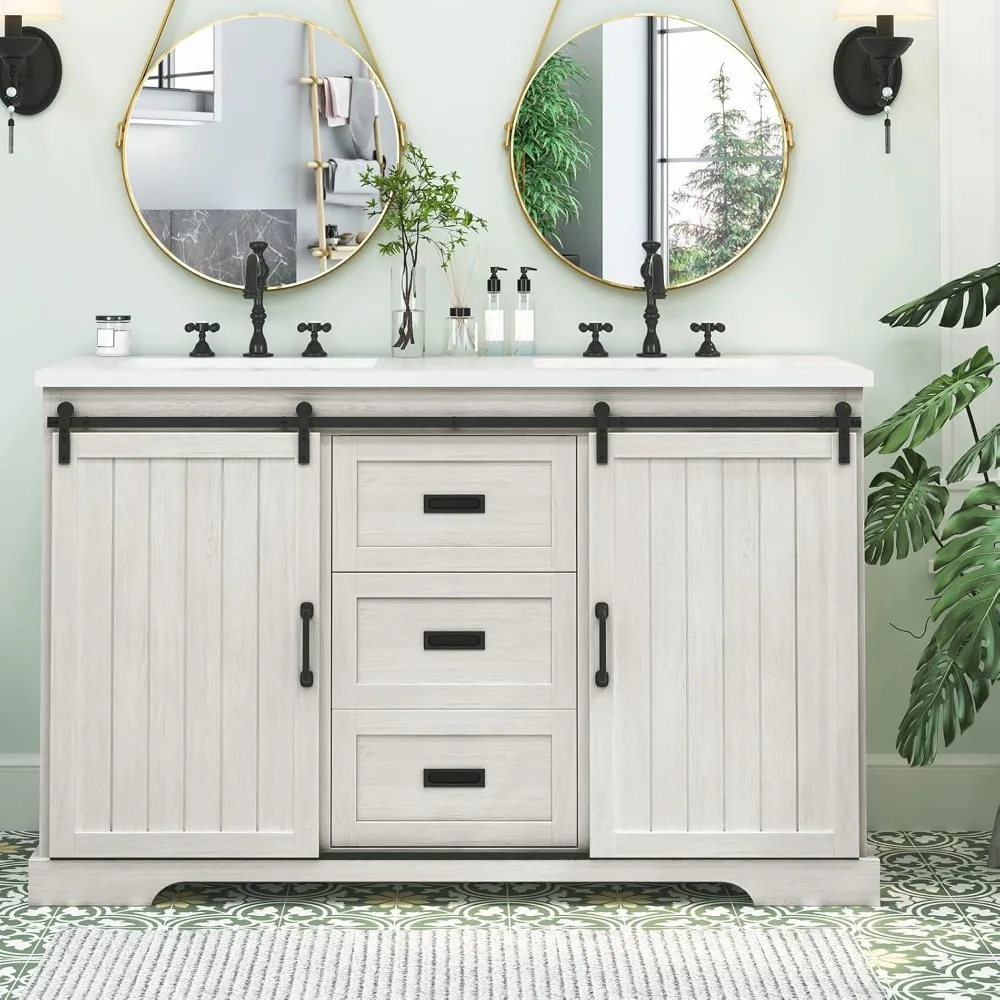 

Bathroom Vanities with Sink & Ceramic Top, Double Vanity Cabinet with Basin, Farmhouse Double Barn Door