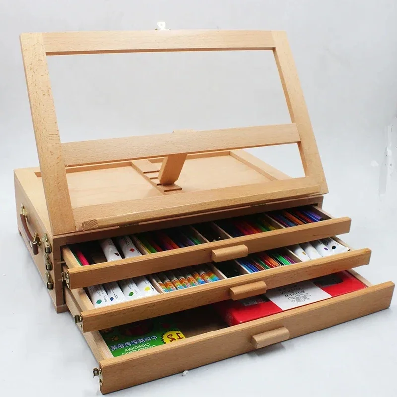 B-M Adjustable Wooden 3-Drawer Storage Box Easel, Beechwood Portable Artist Desktop Case with Fold Down Canvas Easel for Markers