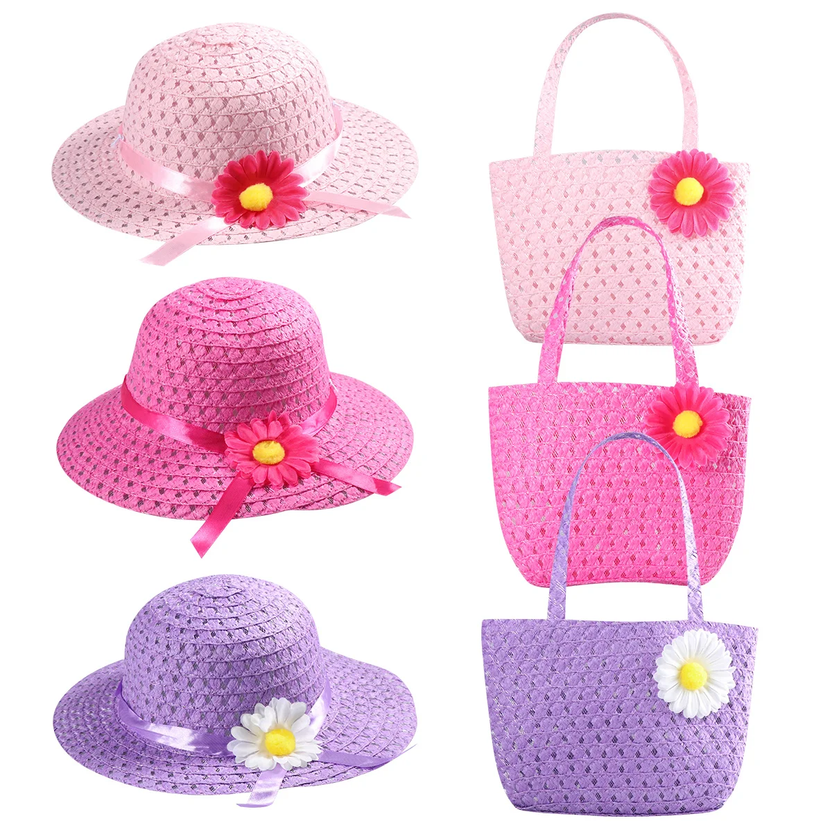 TOYMYTOY 3PCS Girls Summer Beach Sunflower Straw Hats and 3PCS Handbags Set for Tea Gardern Party (Assorted Color)