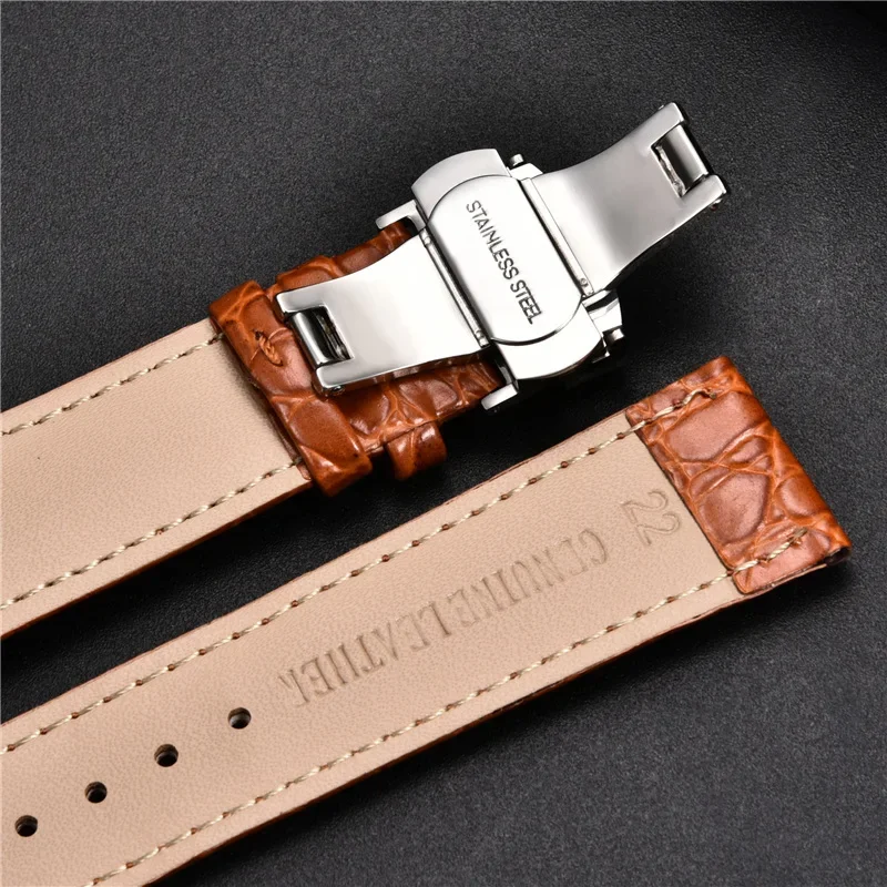 New Crocodile Pattern Watchband Classic Genuine Leather Strap 16 18 20 22 24mm With Stainless Steel Automatic Clasp Watch Band