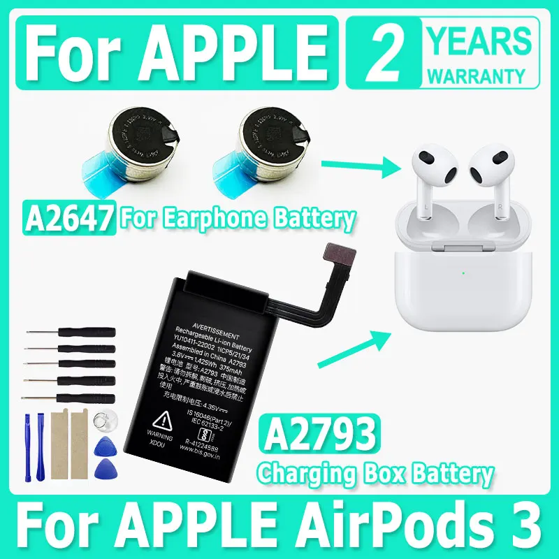 

Сменный аккумулятор A2647 для Apple Airpods 3 A2564 A2565 для Air Pods 3, аккумуляторные батареи Batteria A2793 + бесплатные инструменты