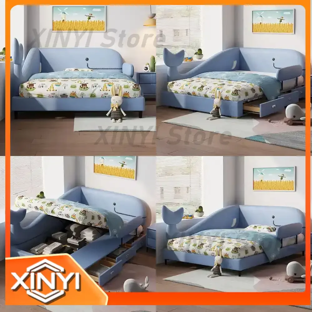 Modern Kids Bed with Cartoon Whale Design Guardrails Princess Style Single Bed for Boys Girls with Storage for Children