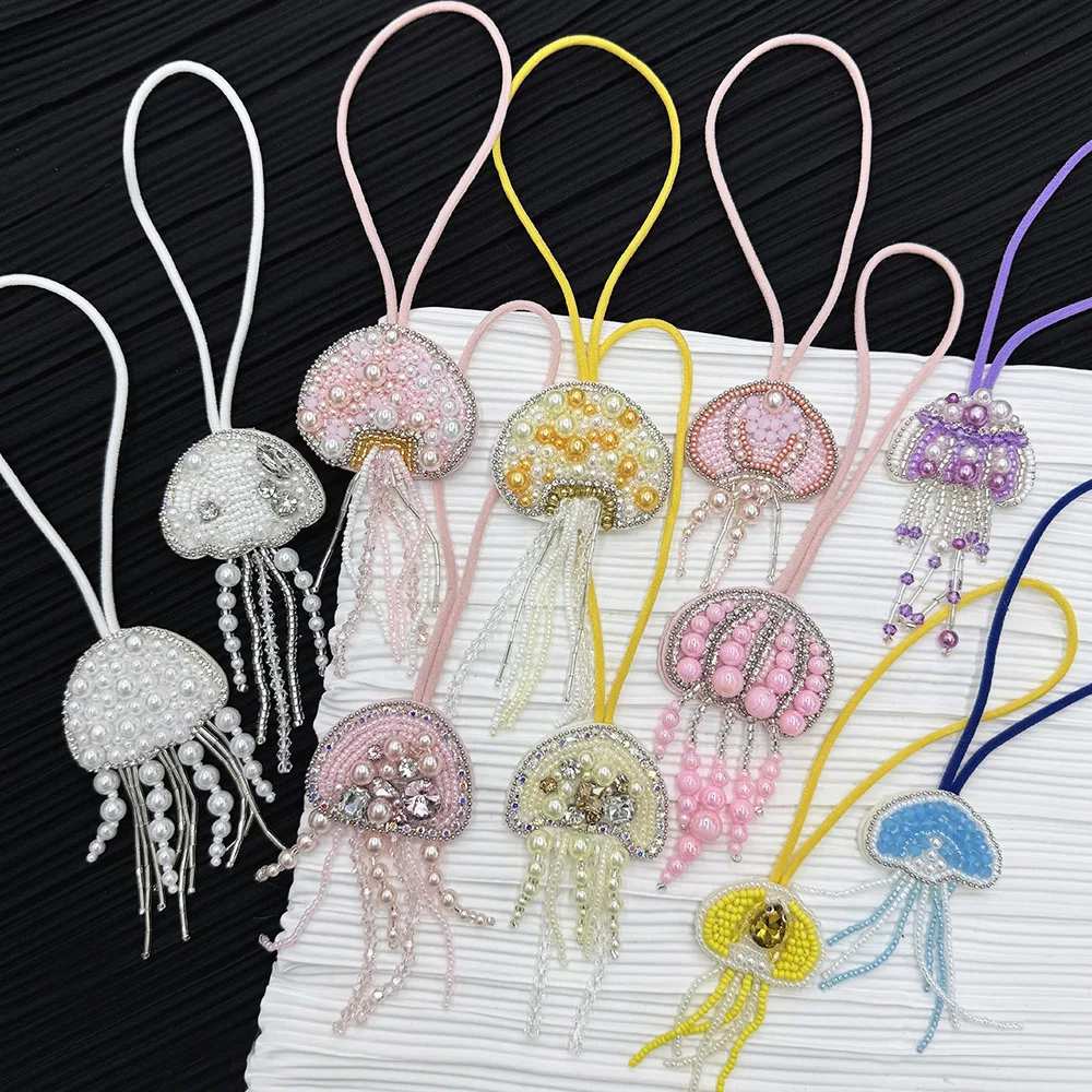 Rhinestone Jellyfish Beads Patches Bag Charm Crystal Tassel Lanyard Sewing Jellyfish Beading Applique Patch Keychain Bag Accesor