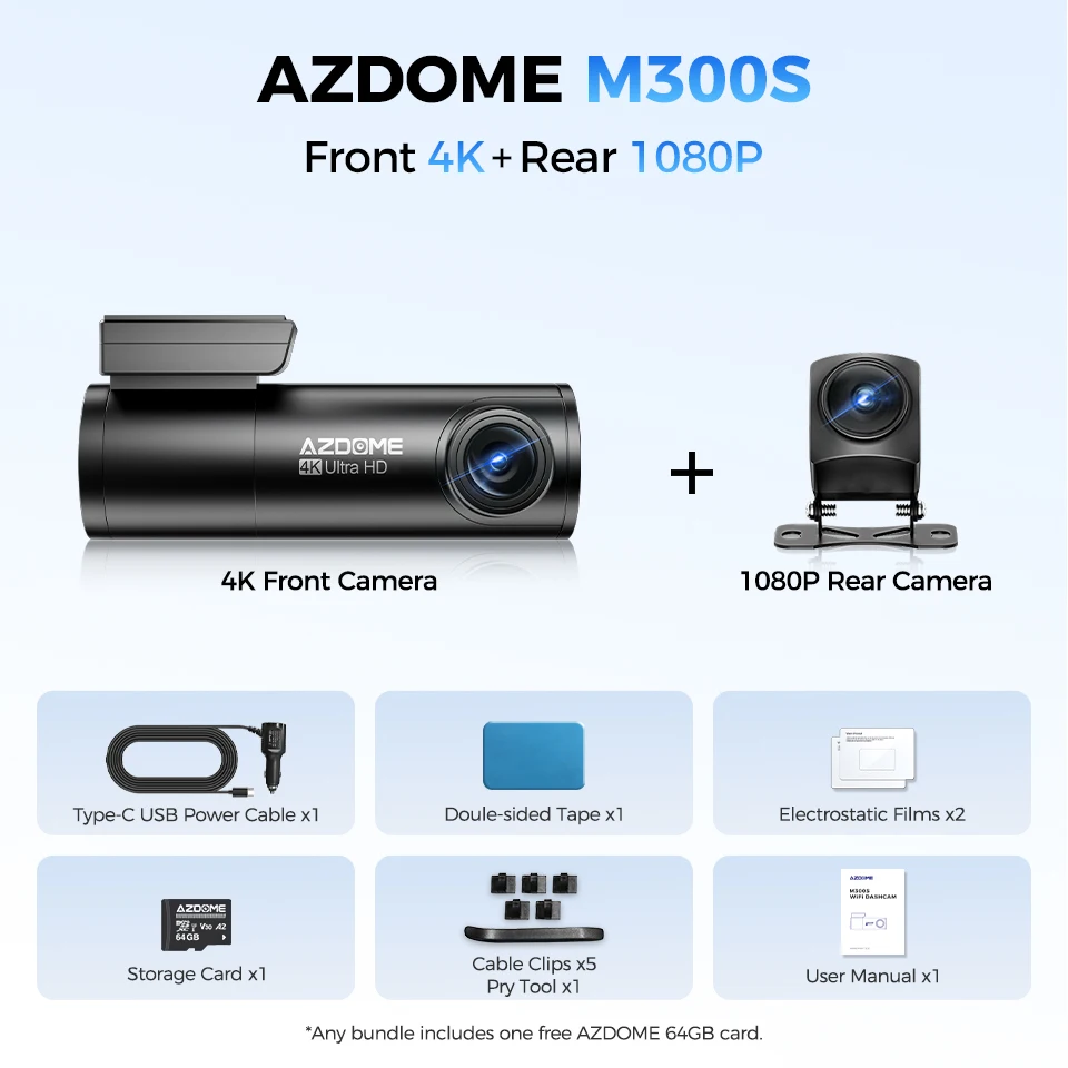 AZDOME M300S Dashcam 4K+1080P Auto Achteruitrijcamera Dashcam 800MP Lens Ingebouwde GPS WIFI Auto DVR Spraakbesturing Nachtzicht Achteruitrijcamera