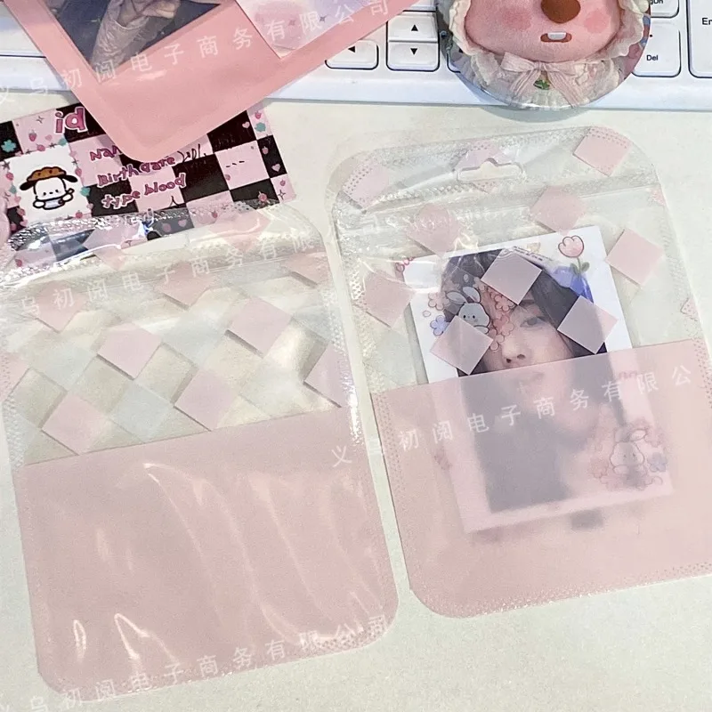 10PCS Korean Ins Cute Pink Grid Transparent Ziplock Bag Kpop Star 3 Inch Photo Card Packing Material Kawaii Candy Color Gift Bag