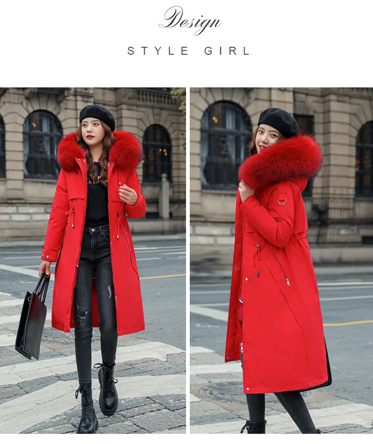 Women Hooded Parkas Coats Long Jackets Solid Detachable Big Fur Lenth Collar Zipper Drawstring Slim Fit Thick Casual 2025 Winter
