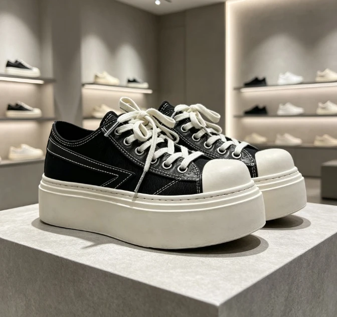 Chunky black color-block platform sneakers for women, new casual flat shoes with comfort durable sole lightweight.