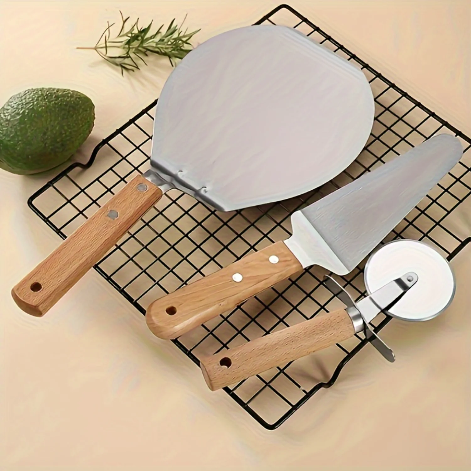 3pcs Ultimate 3-in-1 Ergonomic Pizza Cutter Wheel & Cake Spatula Set - Premium Stainless Steel,  Wooden Handle - Essential Acces