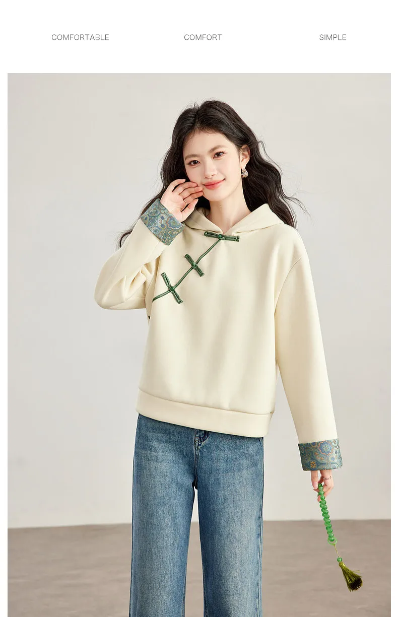 VIMLY New Chinese Style Hooded Sweatshirt Fall Winter Color Contrast Frog Button Fleece Lined Thickened Pullover Ladies A7683