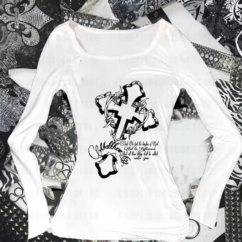 Kaus Grafis Antik Gaya Y2K Kaus Lengan Panjang Seksi Gotik Harajuku Estetika Grunge Peri Ramping Gadis Emo 2000S