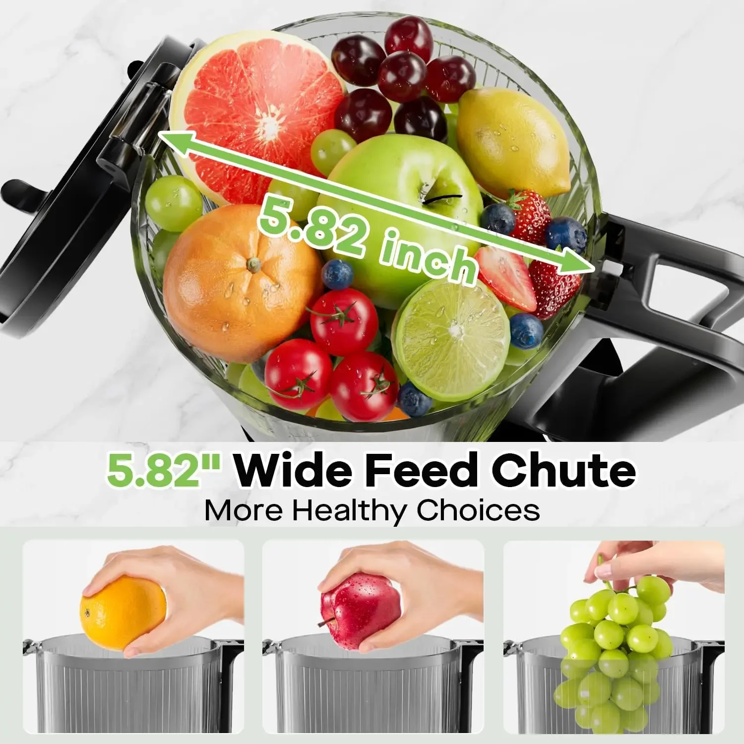 Juicer, 5.82" Wide Feed Chute Juicers with 350w Power Motor, Slow Masticating Juicer Machine with High Juice Yield for Whole Veg
