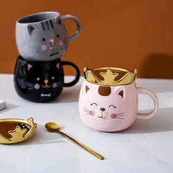 Crown Cat Ceramic Mug Cute Cartoon Mug for Men and Women Gift Lovers Water Cup with Lid Spoon Coffee Cup Drinking Utensils