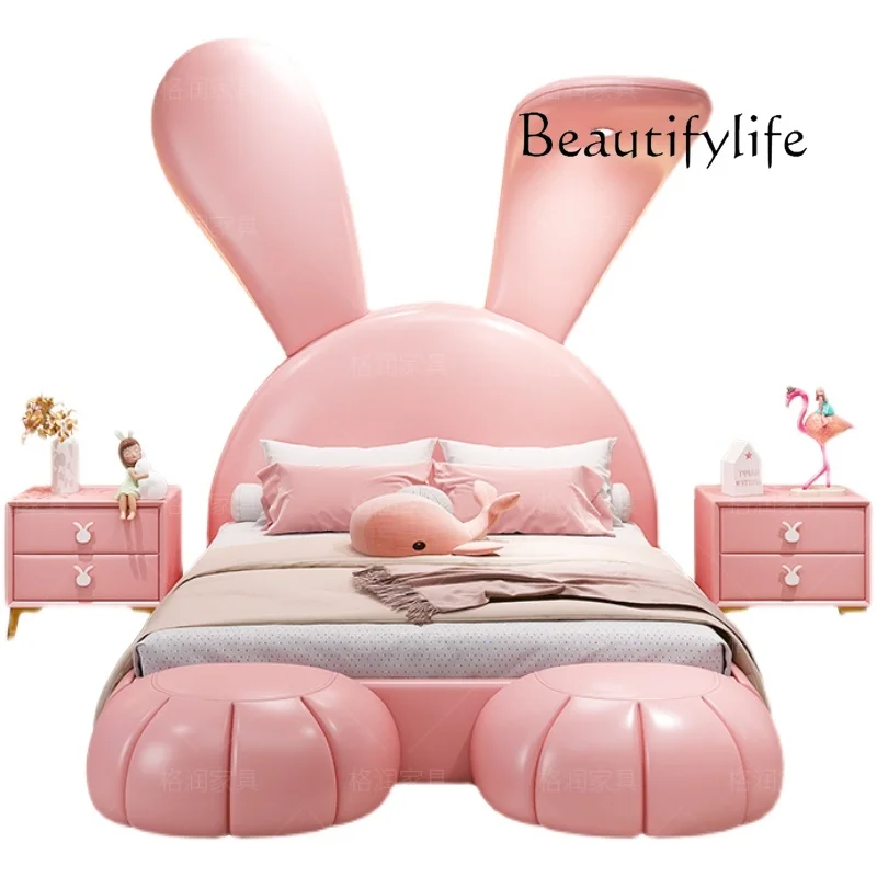 Creative rabbit children's bed, pink girl princess bed light luxury cartoon function solid wood leather bed