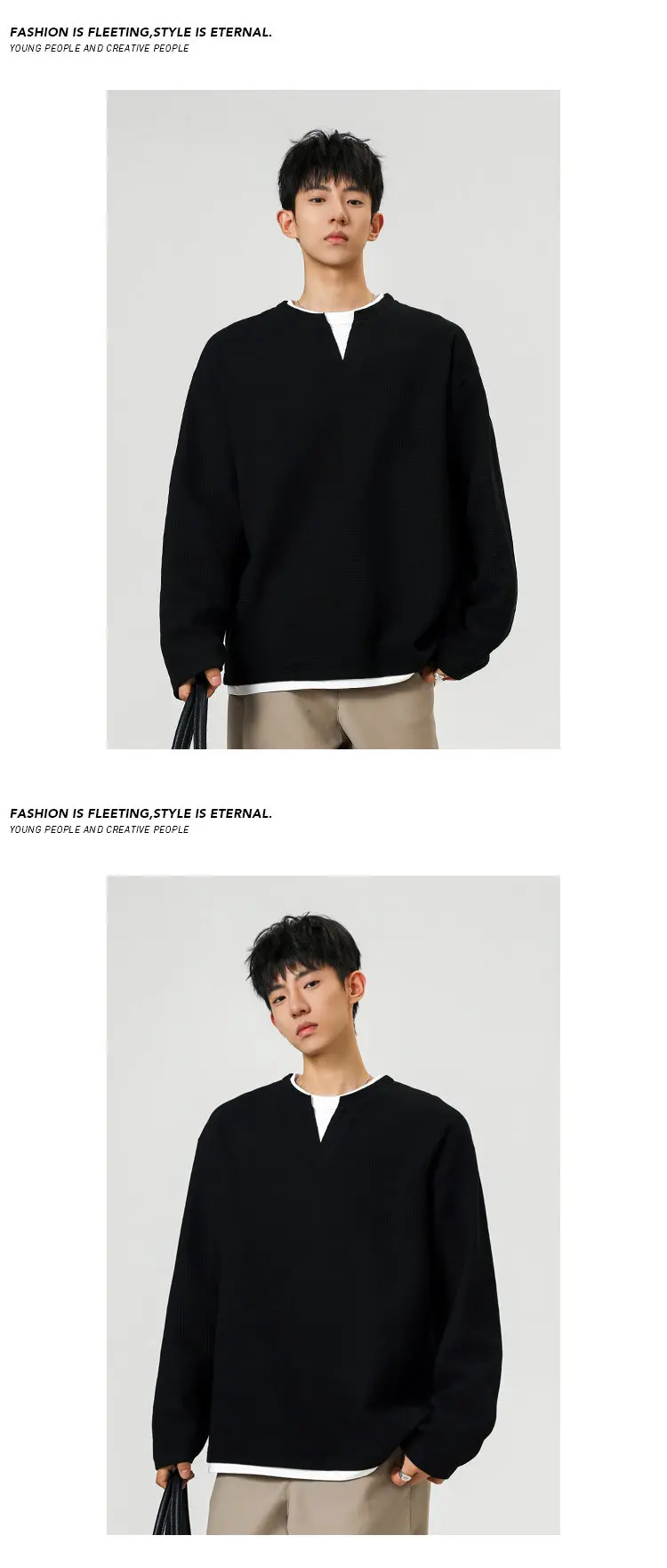 Herbstlicher Basic-Pullover mit langen Ärmeln für Herren, zweiteiliges Design, Waffelstrick, V-Ausschnitt, leicht kombinierbar, Streetwear. – Detail 8