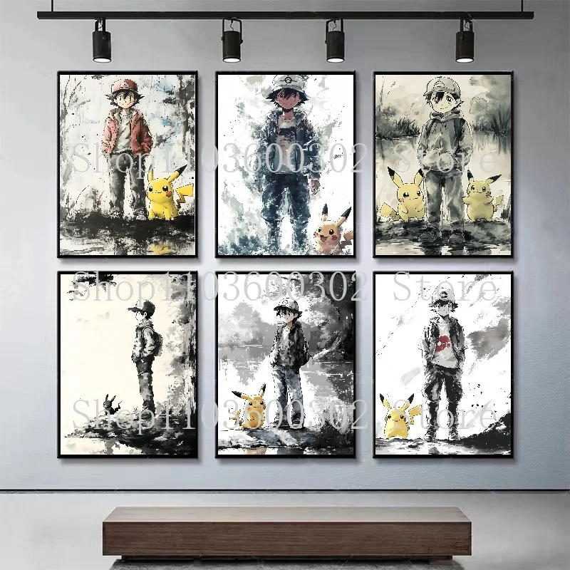 Anime Pokémon Poster Ash Pikachu Art High-definition Printed Canvas Painting Cafe Bar Room Wall Creative Decoration Painting