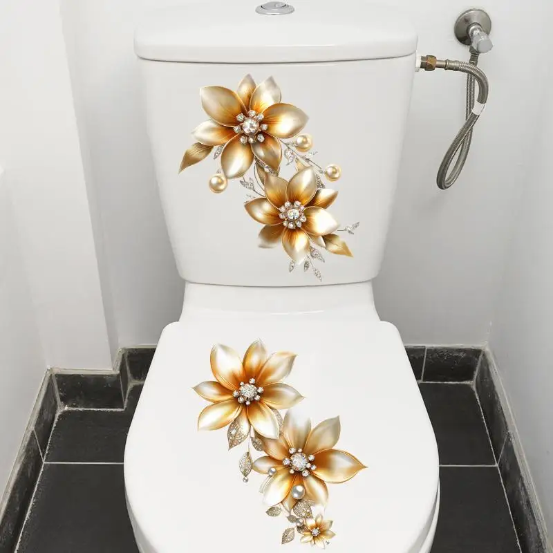 Creative Light Luxury Gold Flower Waterproof Toilt Sticker Bathroom Wall Background Decal Home Decoration Self-adhesive Sticker