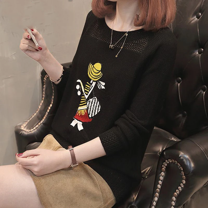 Spring Autumn Women Korean Fashion Cartoon Embroidery Hollow Knitted Sweater Female Casual O Neck Long Sleeve Slim Pullover Tops