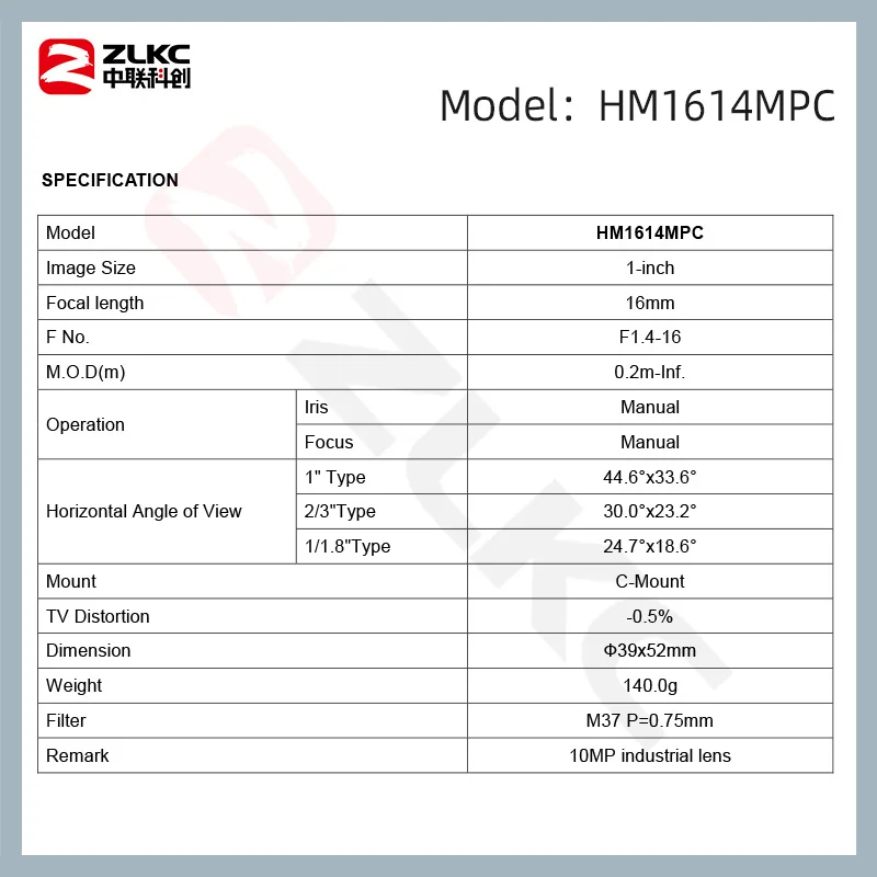 ZLKC 10MP Lens 16mm 1 Inch C Mount F1.4 10Megapixel Low Distortion Machine Vision Manual iris Lens for Industrial Camera