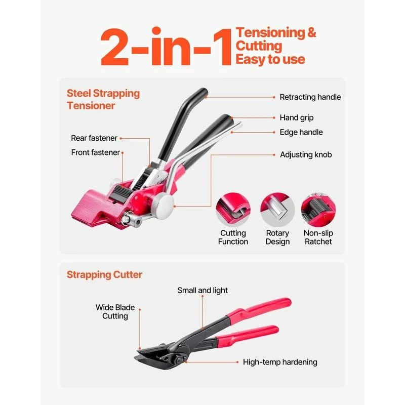 Steel Banding Strapping Kit, Heavy Duty Banding Sealer Tool with 200 ft Binding Straps, 200 Metal Clasps, Manual Pallet Packaging Strapping Kit for Warehouse, Transportation, Industrial Bundling view 7