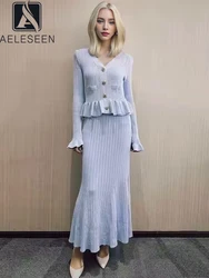 AELESEEN Office Ladies Elegant Long Dress Women Autumn Designer Fashion Flare Sleeve V-Neck Ruffles Patchwork Slim Knitted Party