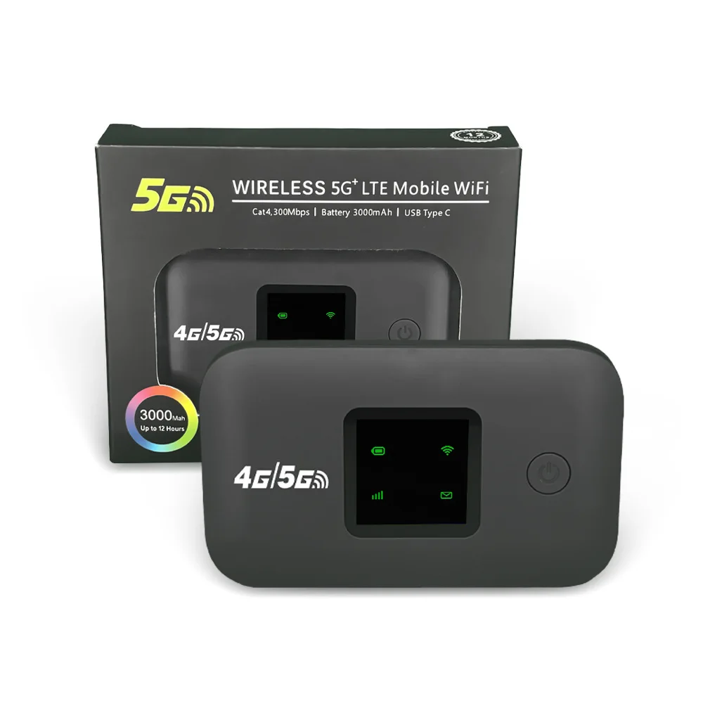 Routeur Wi-Fi mobile 4G LTE portable générique gris avec écran couleur, batterie 3000 mAh, port SIM, port USB-C