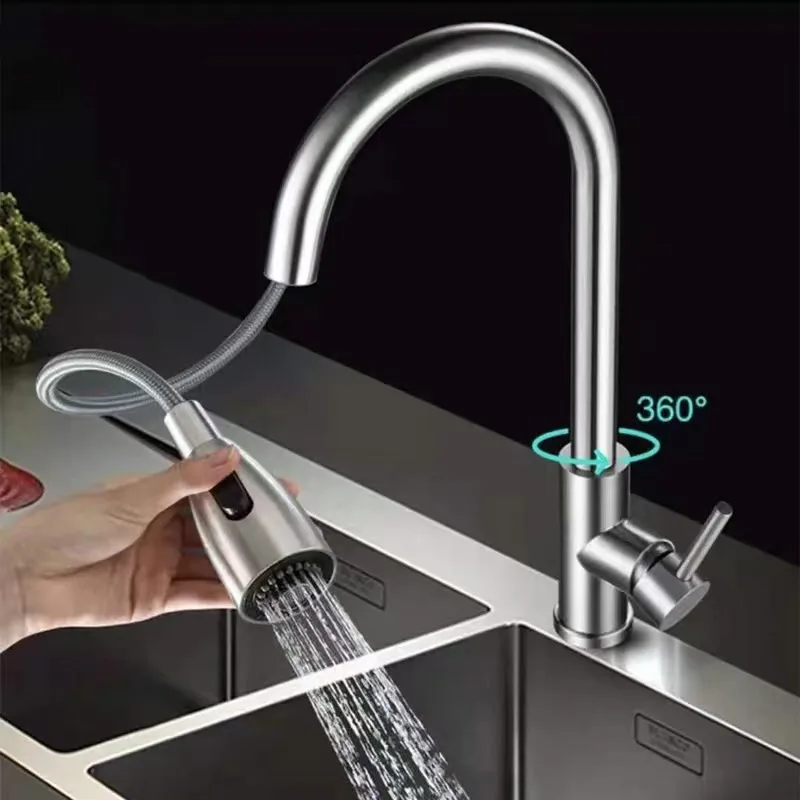 Kitchen Drain Faucet 304 stainless steel 360 Rotation Hot Cold Water Tap For Kitchen 2-way Sprayer Water Tap Single Handle Tap