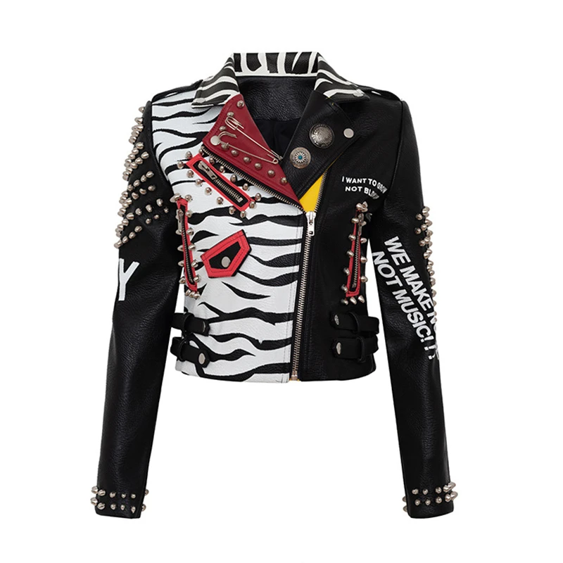 

Vintage Black Print PU Leather Jacket Women Lapel Motorcycle Punk Jackets Spring Zipper Rivet Coats