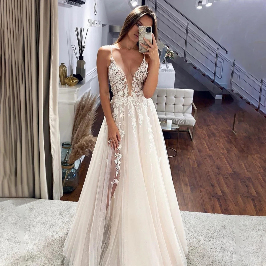 

Sheer Lace Boho Wedding Dresses with High Side Slit Deep V-Neck Illusion Bodice Applique Long Bridal Gowns 2023 Custom Made