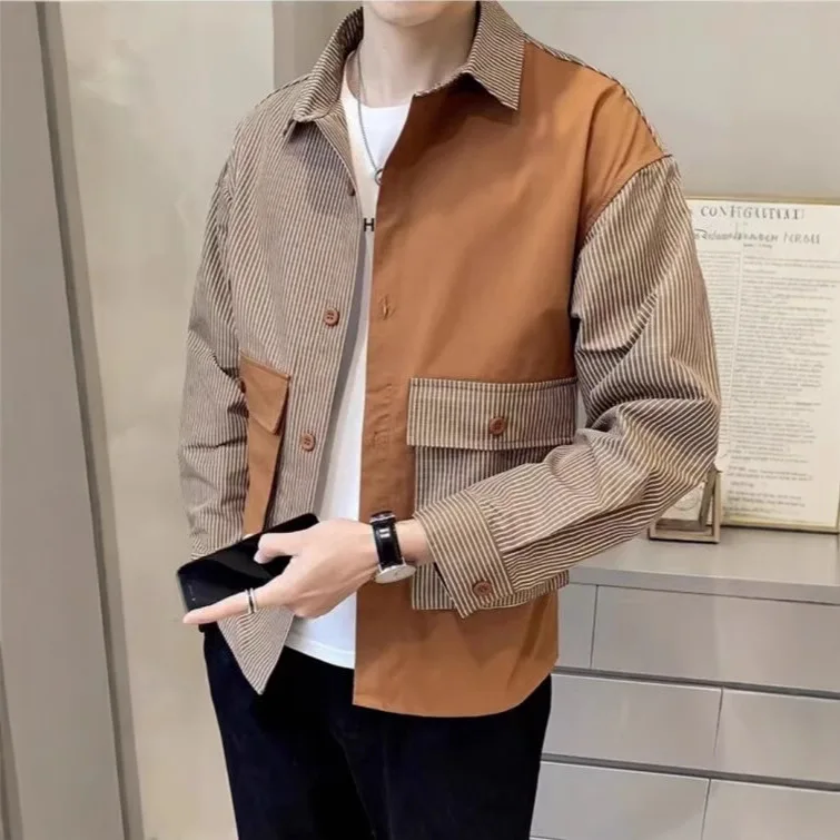 

Trendy Haome Long Sweed irt with Large Men's kets Loose Fit Cotton Blend Fabric Spring Autumn Wear Casual irt