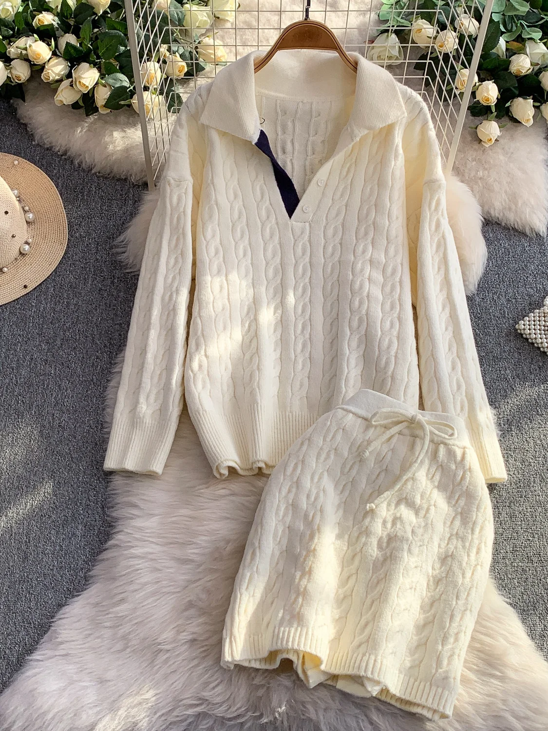 Autumn Winter Thiened Knitted Sweater Belted Slimming ort Skirt Two-Piece Set High Collar Twisted Design Faionable Ense...