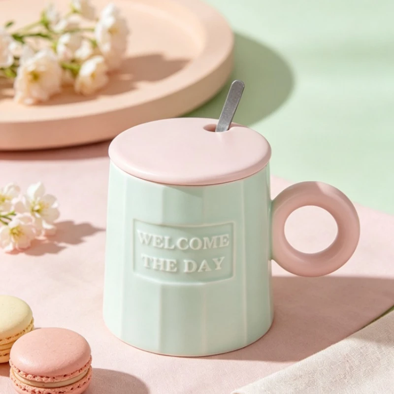 Contrast Color Mug, Ins Style Ceramic Coffee Cup, Set with Lid and Spoon, Creative Gift Box Water Cup,320ml