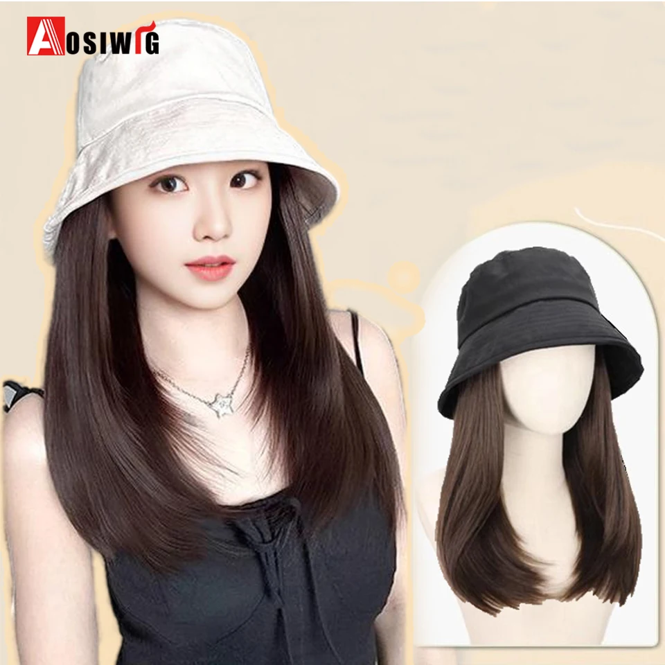 AOSI Synthetic Long Hair White Hat Wig Integrated style Long Straight Hair Fisherman Hat Summer Sunshade Hat Wig Women Hat WIg