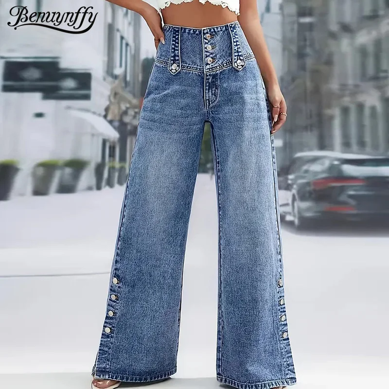 

Benuynffy винтажные широкие джинсы на пуговицах, женская уличная одежда, осень 2023, новая мода, свободные джинсовые брюки с высокой талией, низ