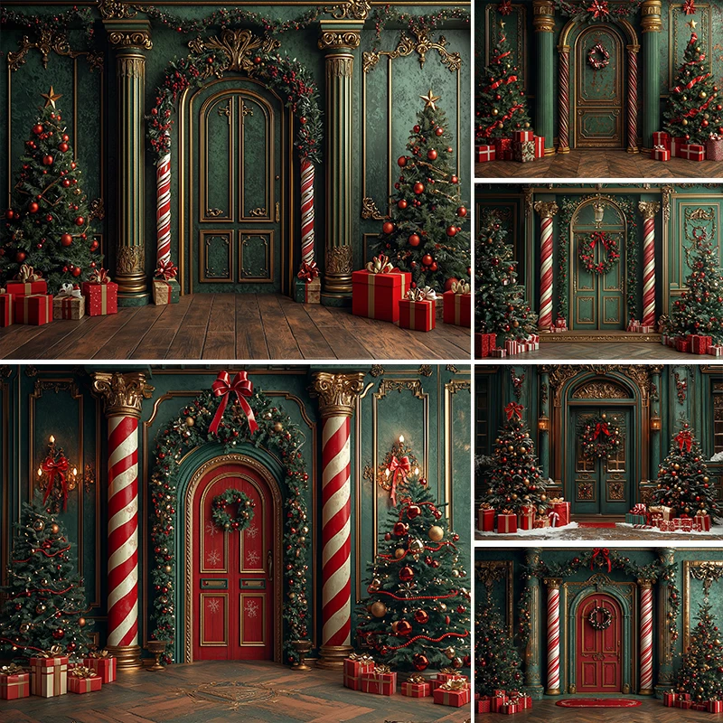

LS Green Christmas Arch Door Photography Background Xmas Tree Gift Kid Family Holiday Portrait Decor Backdrop Photo Studio