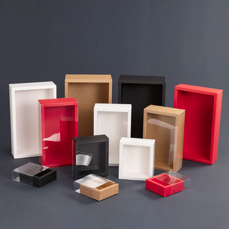 20pcs Kraft Paper Drawer Boxes with Clear PVC Sleeve Handmade Soap Box Packaging Wedding Party Cookies Candy Cake Box