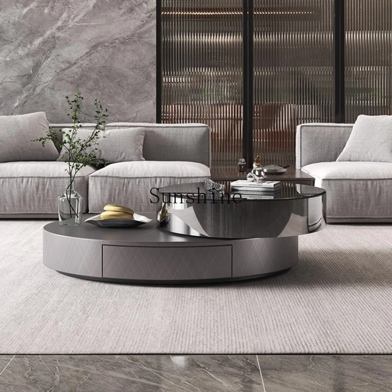 

Italian light luxury round rotating stainless steel coffee table modern high-end art living room home high-end