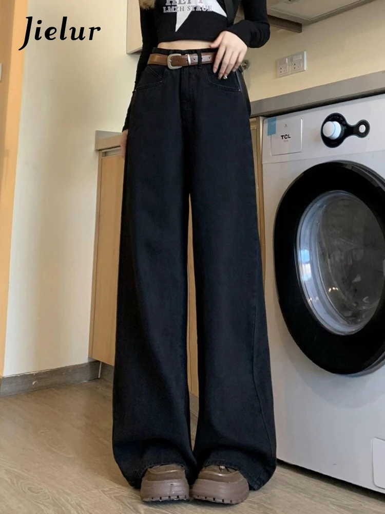 Jielur Black Loose High Waist Straight Women's Jeans New Full Length Solid Color Casual Basic Female Wide Leg Pants Office Lady