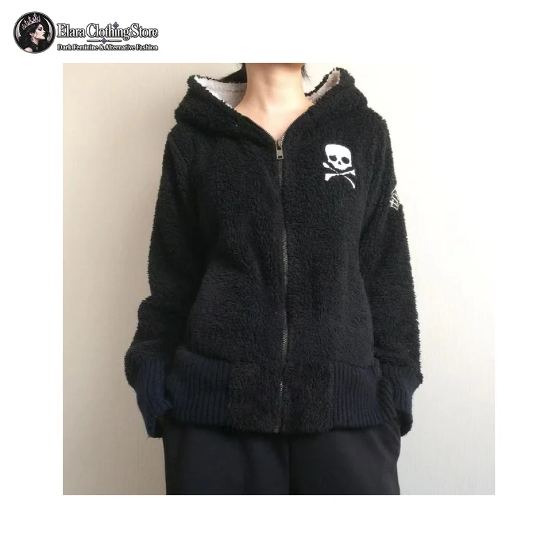 Black Skull Cross Textured Long Sleeve Hooded Jacket Dark Gothic Graphic Zip Front Ribbed Cuff Loose Fit Womens Fleece Look Coat