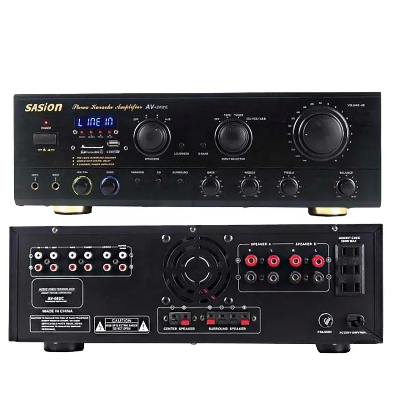 

EQ/Surround Sound Mic Echo Digital Stereo Karaoke Amplifier Support BT/USB/SD/MMC/CD/VCD/TAPE/TUNER & LED Display.