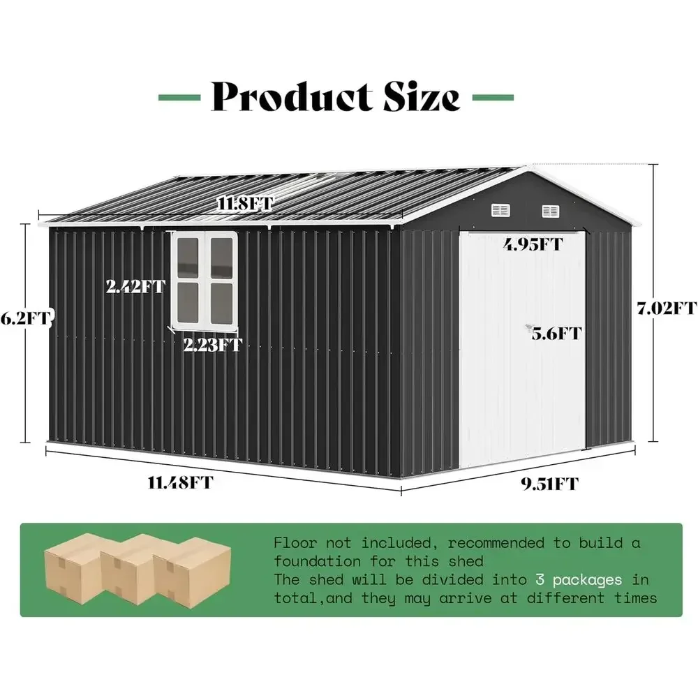 10x12x7ft Outdoor Storage Shed with 2 Clear Panels, Metal Garden Shed, Double Doors, 2 Windows, 4 Vents, Reinforced Steel, Gray