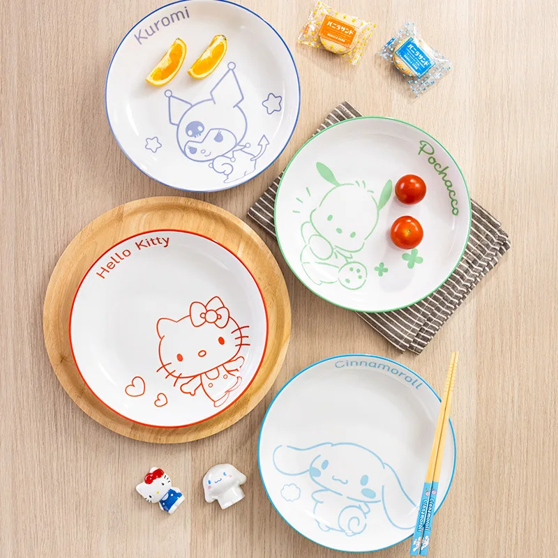 Sanrio Household Ceramic Plate Kuromi Bowl Cartoon Cute Hello Kitty My Melody Cinnamoroll Pattern Ceramic Children's Tableware