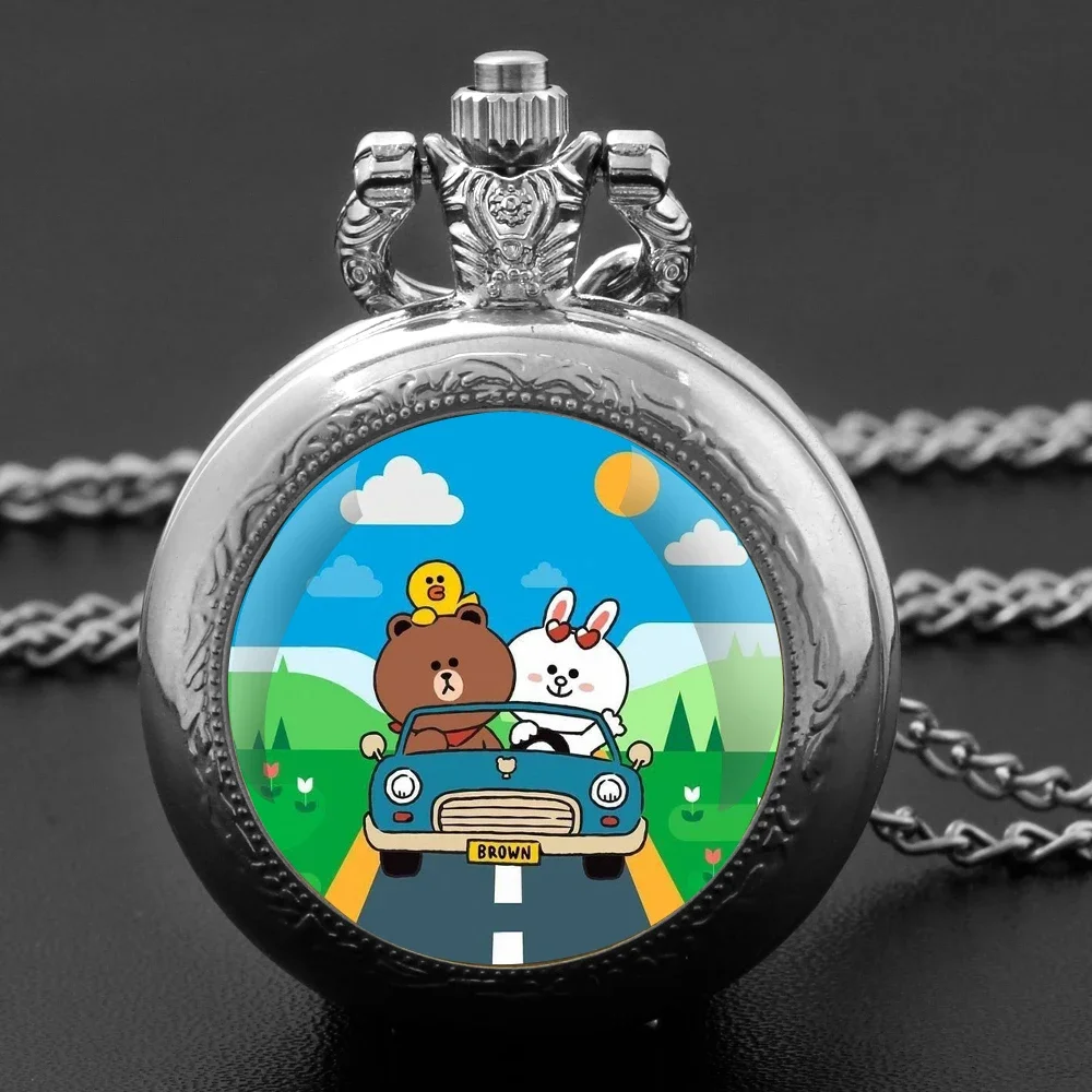 Винтажные кварцевые карманные часы с изображением медведя и кролика в стеклянном куполе, на цепочке, идеально подходят для мужчин, женщин и детей в качестве подарков.