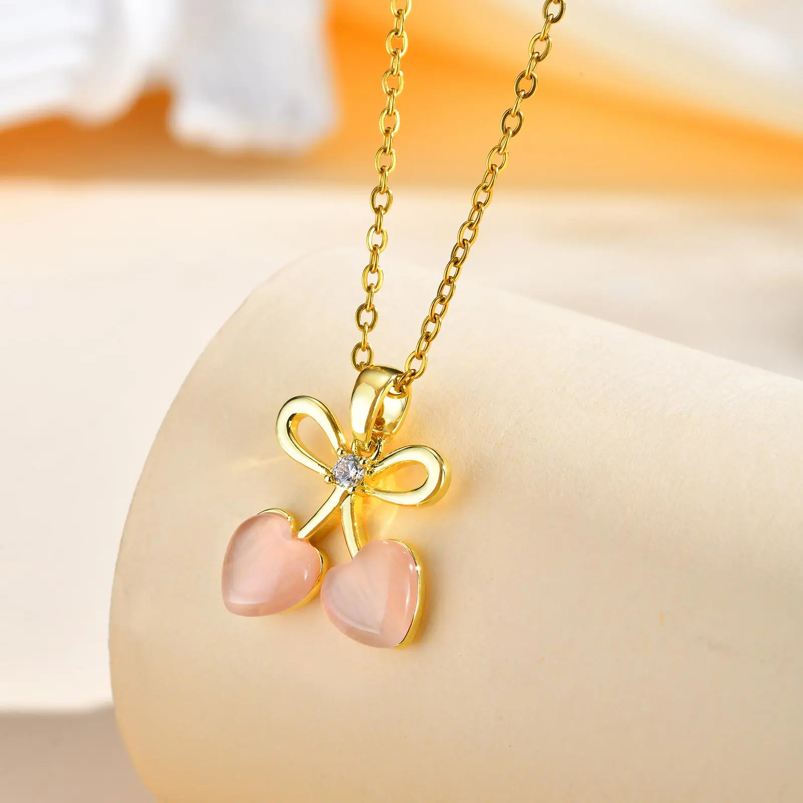 Natural Stone Pink Love Heart Pendant Necklaces For Women, Bowknot Copper Gold Color Chain Necklace Trendy Jewelry For Mom Gift