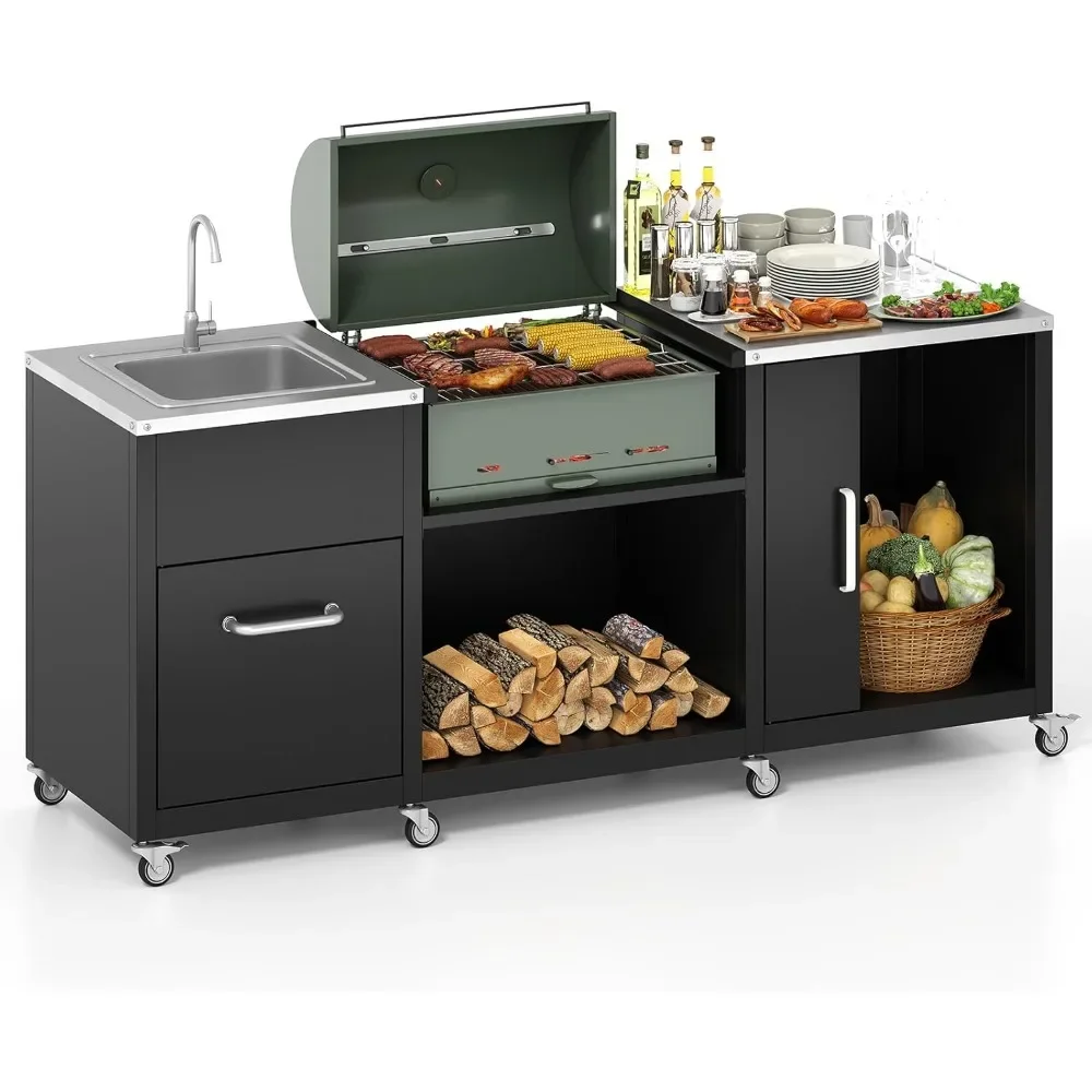 80 Inch Outdoor Grill Table with Sink and Drainage Heavy Duty Metal Cart Cabinet Removable Stainless Steel Top Portable BBQ