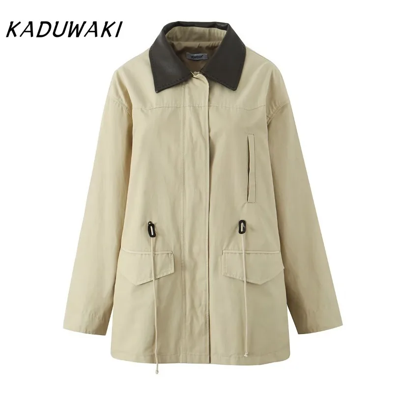 

KADUWAKI American Retro Autumn Drawstring Trench Jackets Women Warm Khaki Coats Jackets with Pocket Casual Office Lady Outwear