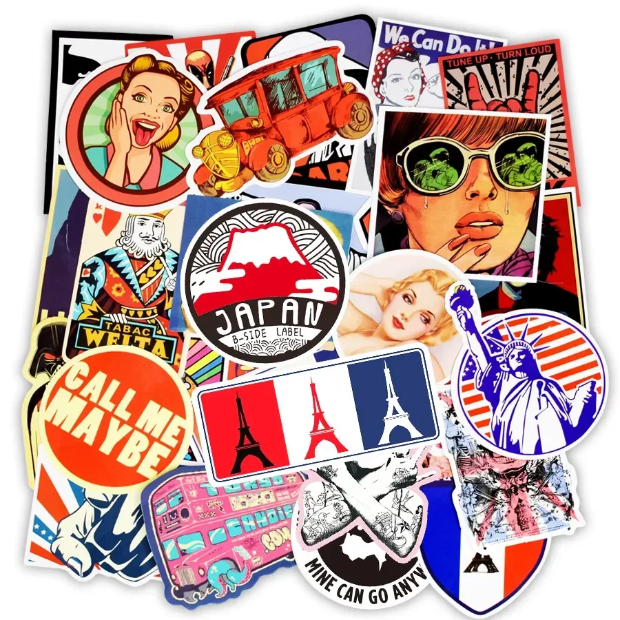 50 PCS Retro Style Sticker Graffiti Travel Funny JDM Stickers for DIY Sticker on Suitcase Luggage Laptop Bicycle Skateboard Car