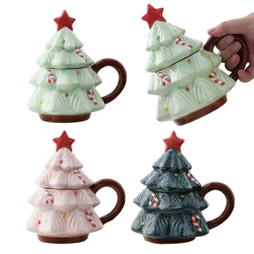 Christmas Tree Mug with Star Lid, 340ml Festive Holiday Coffee Cup for Hot Cocoa And Milk, Retro Curved Handle Microwave Safe Dr