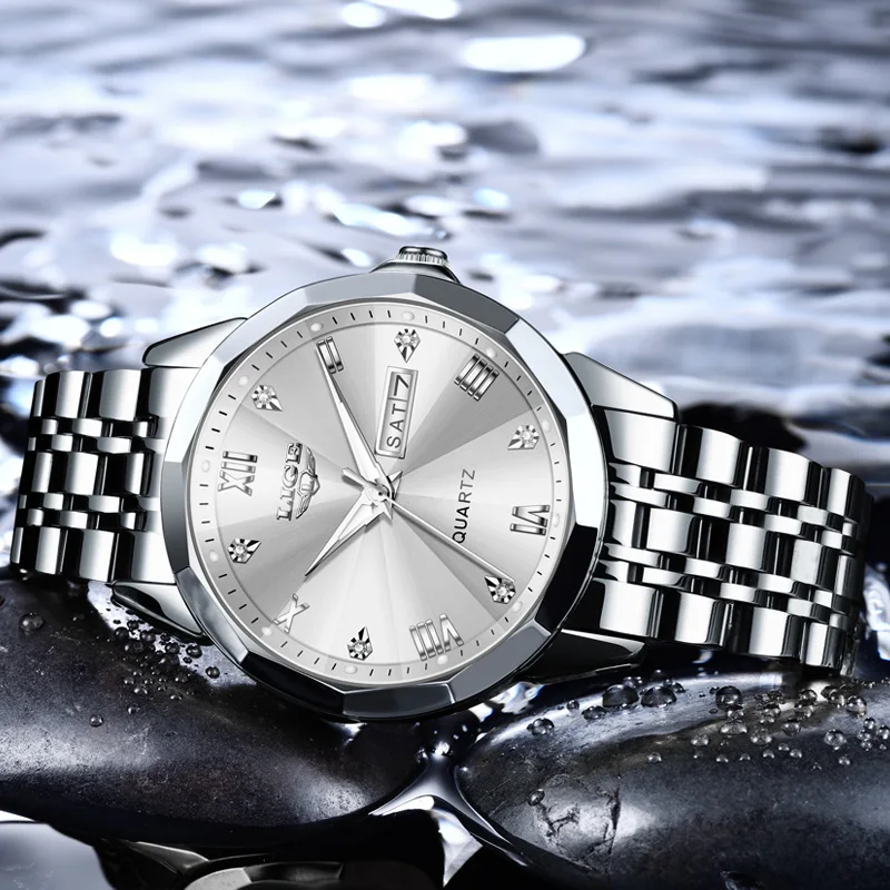 LIGE 럭셔리 비즈니스 남자 손목 시계 방수 빛나는 스테인레스 스틸 남자 시계 날짜 주 패션 석영 남자 시계 + 상자